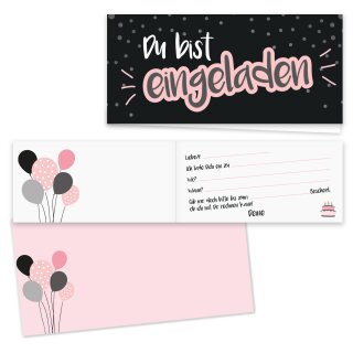 younikat 15 Einladungskarten mit Umschlägen I DIN lang (210 x 99 mm) I Einladung Set Kinder-Geburtstag zum Ausfüllen für Kinder Mädchen schwarz rosa I dv099 schwarz