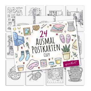 younikat Cozy Postkarten zum Ausmalen 24 Stk. I DIN A6 I Kinder Erwachsene I zum Selbstgestalten I Geschenk-idee Entspannung I you0210