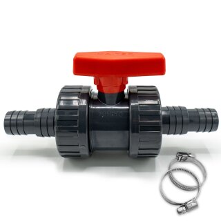 Baumaxxe PVC-Kugelhahn mit 2 Schlauchtüllen + 2x Schlauchschellen Ø 38/32 mm passend für Intex & Bestway Poolsysteme | bm367