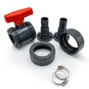 Baumaxxe PVC-Kugelhahn mit 2 Schlauchtüllen + 2x Schlauchschellen Ø 38/32 mm passend für Intex & Bestway Poolsysteme | bm367