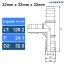 3x PP T-Stück 90° Tüllen-Anschluss I 32 mm I 1 Zoll I Schlauchverteiler I bm195