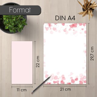 50 Feuilles Papier à Lettres Romantique Cœurs Roses + 50 Enveloppes A4 - Motif Élégant Pour Invitations & Messages