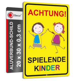 Warnschild I Achtung Spielende-Kinder I Aluverbund-Schild I 20 x 30 cm I hin_065