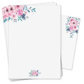 50er Set Briefpapier Aquarellblumen, Rose I DIN A4