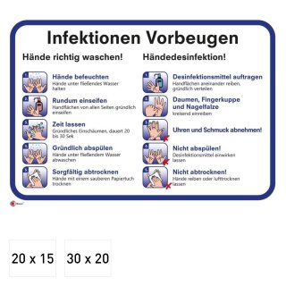 Anleitung zur Vorbeugung von Infektionen I Hinweis-Aufkleber Gründlich Hände waschen und desinfizieren