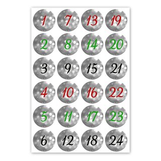 younikat 24 Adventskalender-Zahlen-Aufkleber, grau Silber I rund Ø 4 cm I DIY Sticker Set I Weihnachtsaufkleber Geschenk-Aufkleber dv508