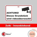 2 innenklebende Aufkleber Achtung! Dieses Grundstück wird videoüberwacht! I 10 x 6 cm