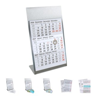 Tischkalender zum Aufstellen I 2-Jahreskalender 2027-2028 I je Seite 3 Monate I Hochformat 105 x 230 mm I mehrsprachig D/GB/F I Stahl-Aufsteller mit 7 Magneten