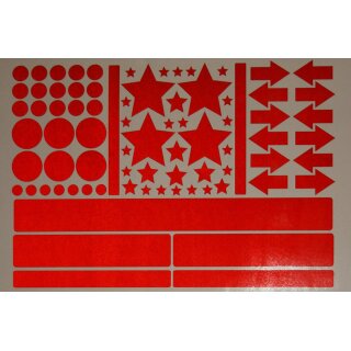 Reflektierendes Aufkleber Set - Sterne Kreise Pfeile Rechtecke - 78 Stück Rot Bogengröße: 30 x 20 cm - Leucht-Sticker - reflex_020