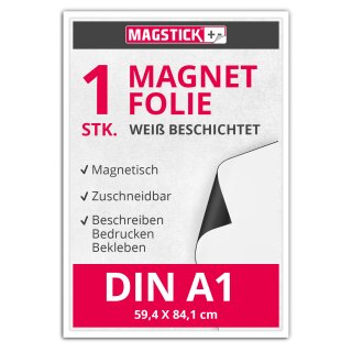 Magnet-Folie in DIN A1 I magnetisch, weiß beschichtet I beschreibbar bedruckbar I für Kfz Auto LKW I Lager-Schild I Tür-Schild I mag055